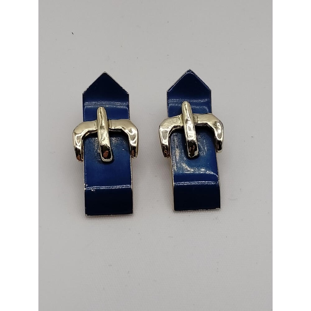 Super Cute Retro 1980's Belt Buckles Enameled Blue on Gold Tone Clip On Earrings